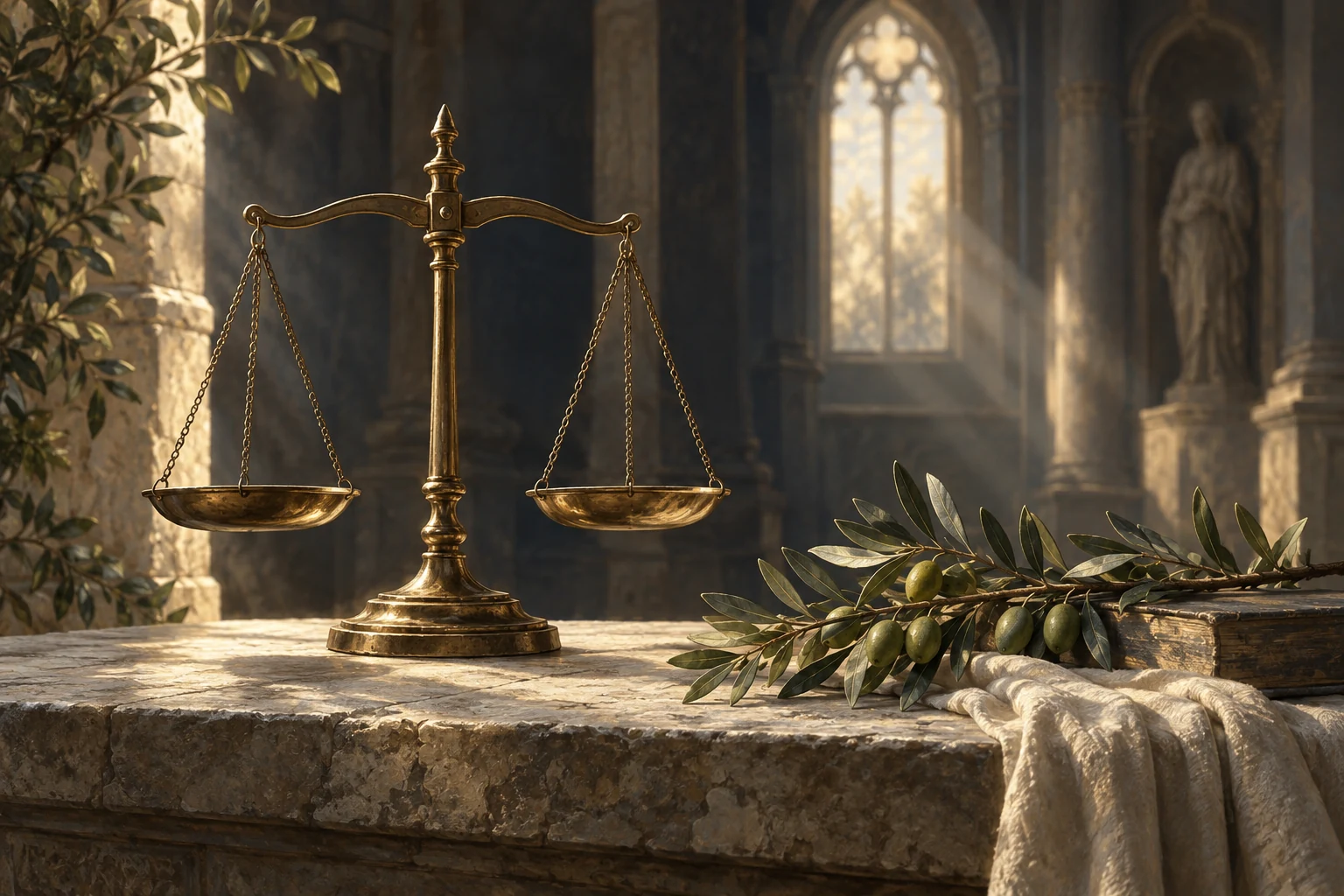 Editorial illustration of balanced brass scales and an olive branch in warm light.