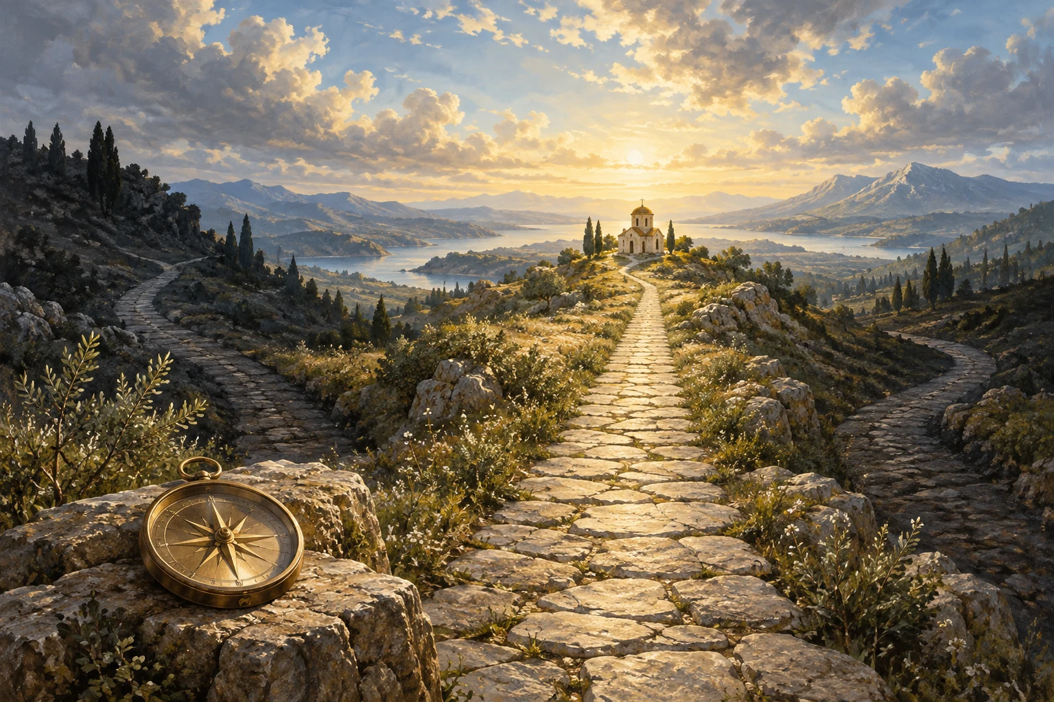 Editorial illustration of a path leading toward a chapel beyond branching roads.