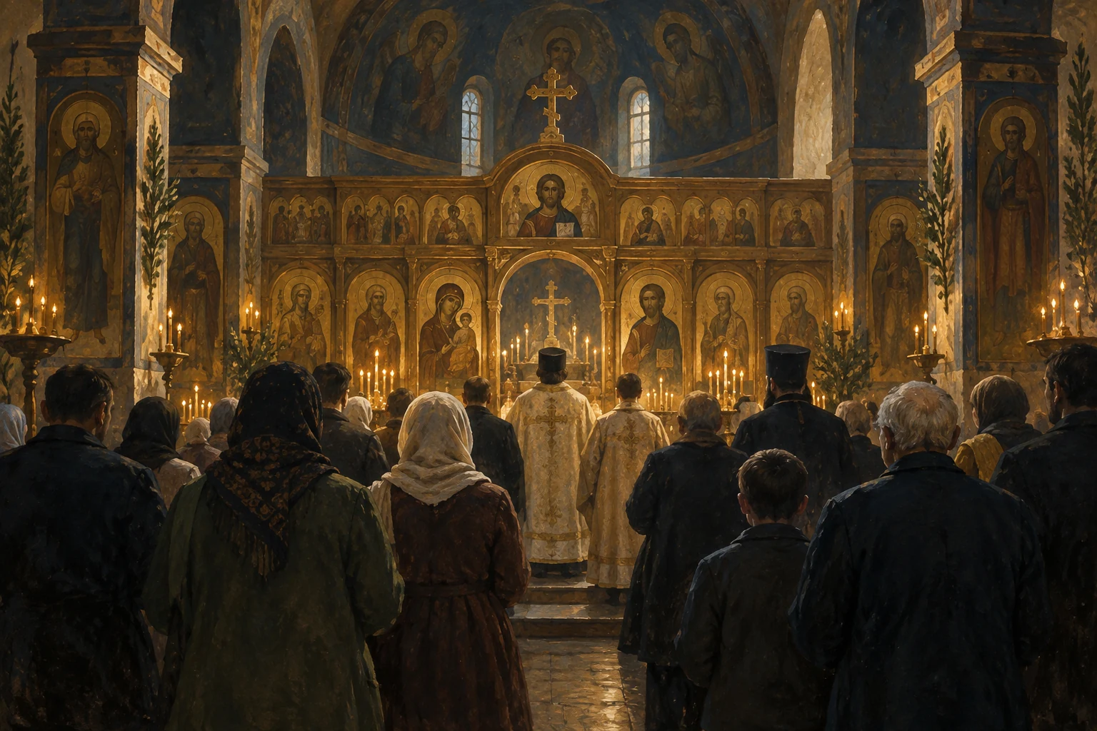 Editorial illustration of clergy and parishioners gathered in an Orthodox church.